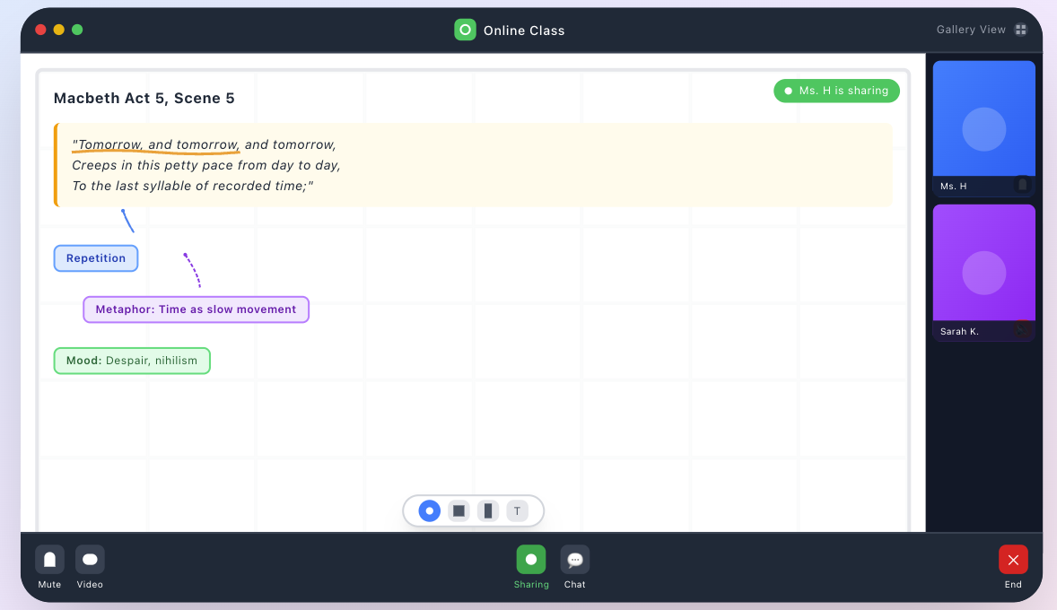 Zoom class mockup showing interactive whiteboard
